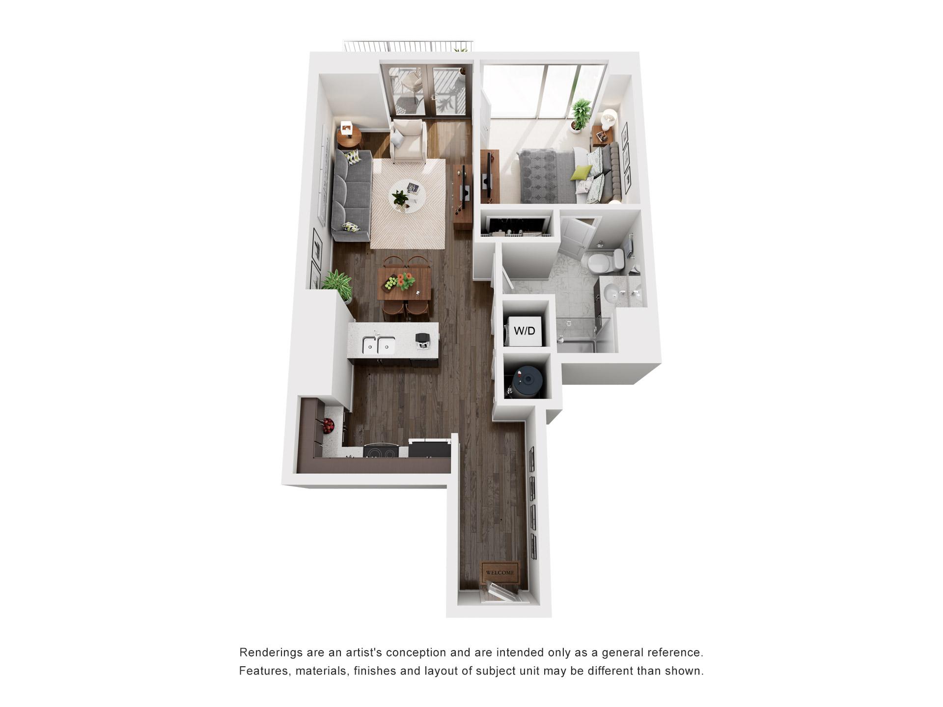 Floor plan for 1 bed, 1 bath, 692 sqft